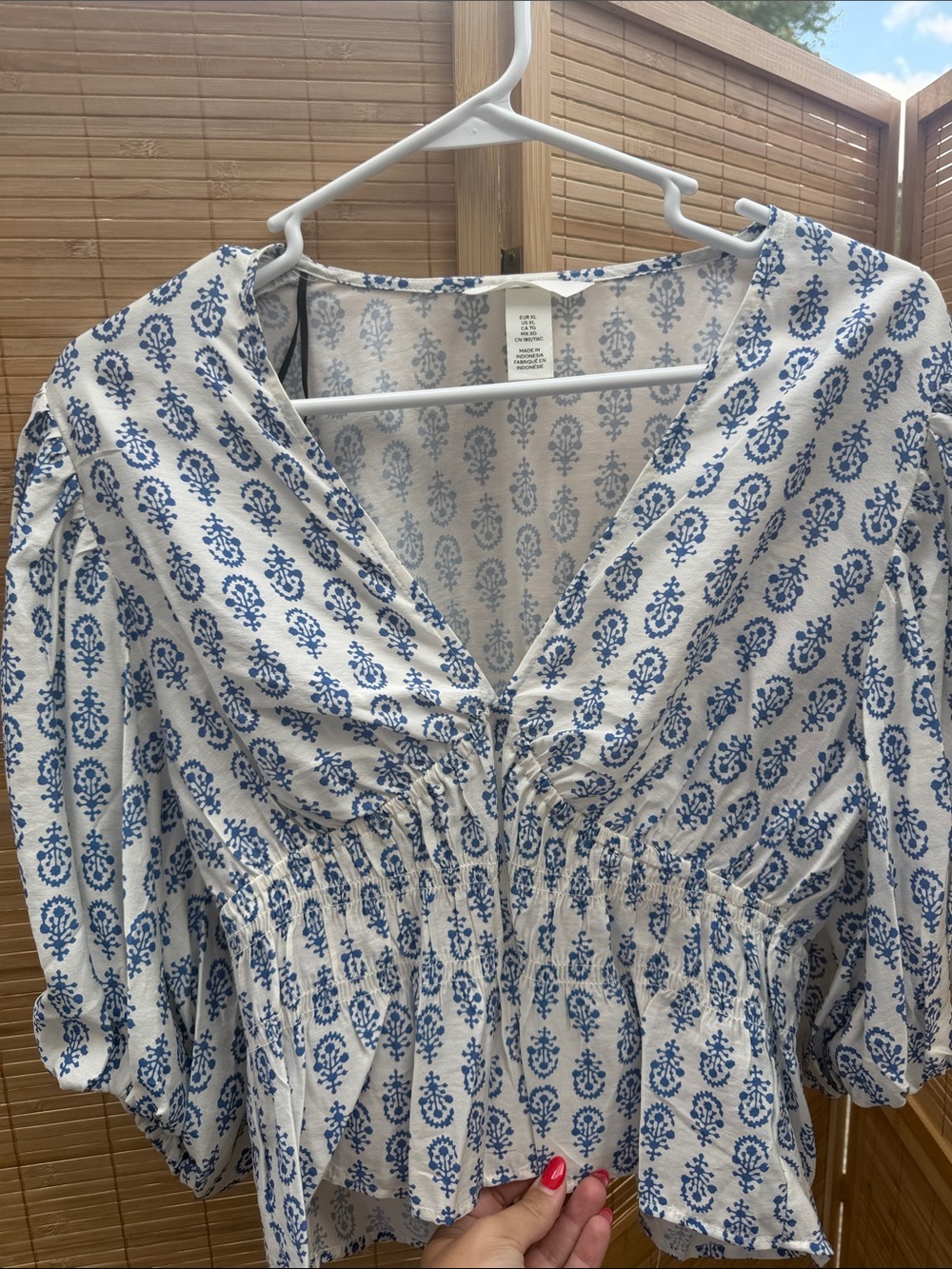 Blue Floral V-Neck Smocked Waist Women's Top